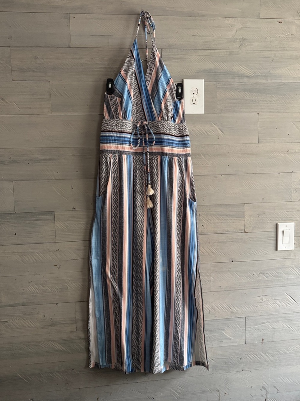 VENUS Multicolor Striped Halter Jumpsuit in Blue & Pink - Picture 2 of 13
